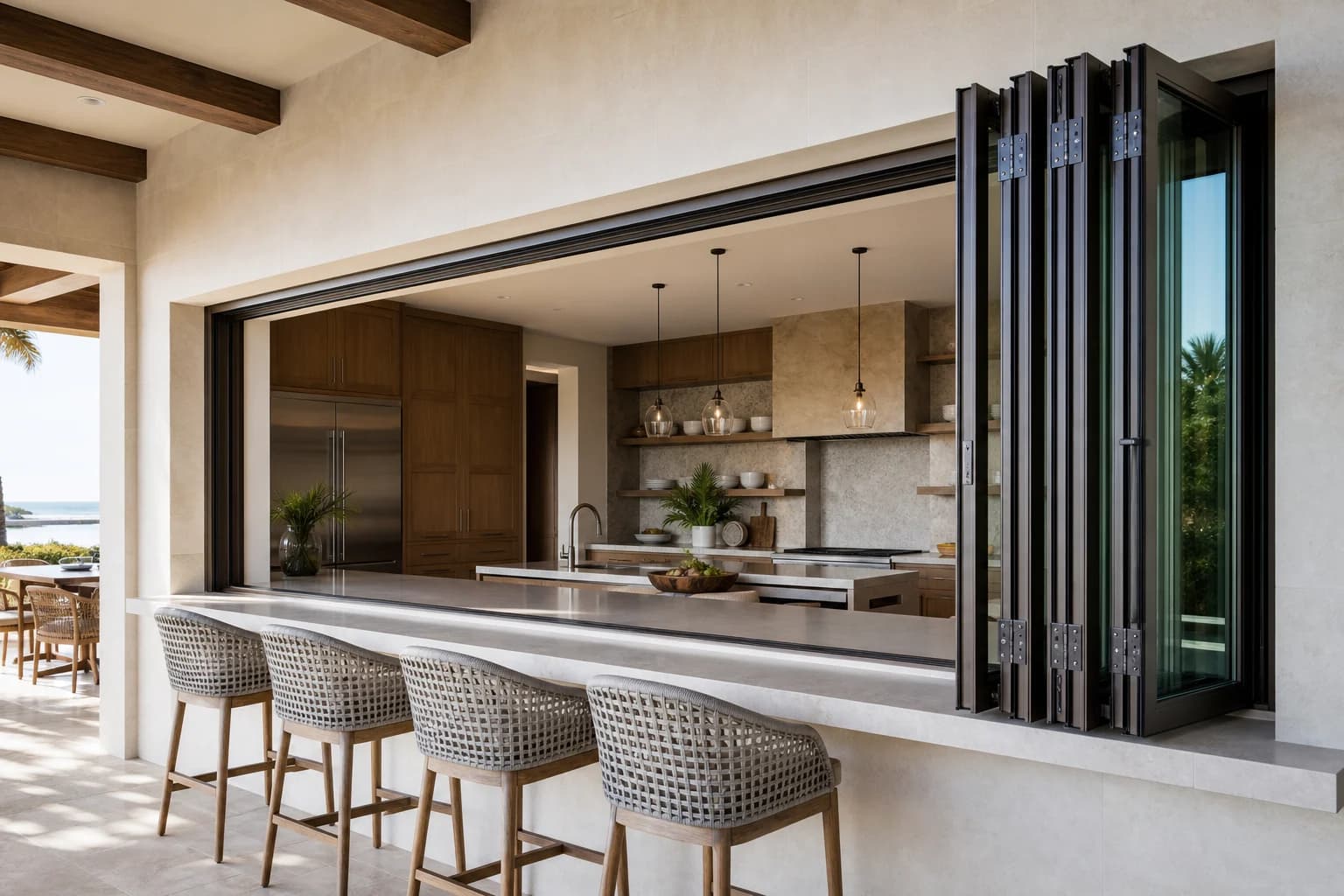 Four glazed pass-through panels folded to the side above an outdoor bar